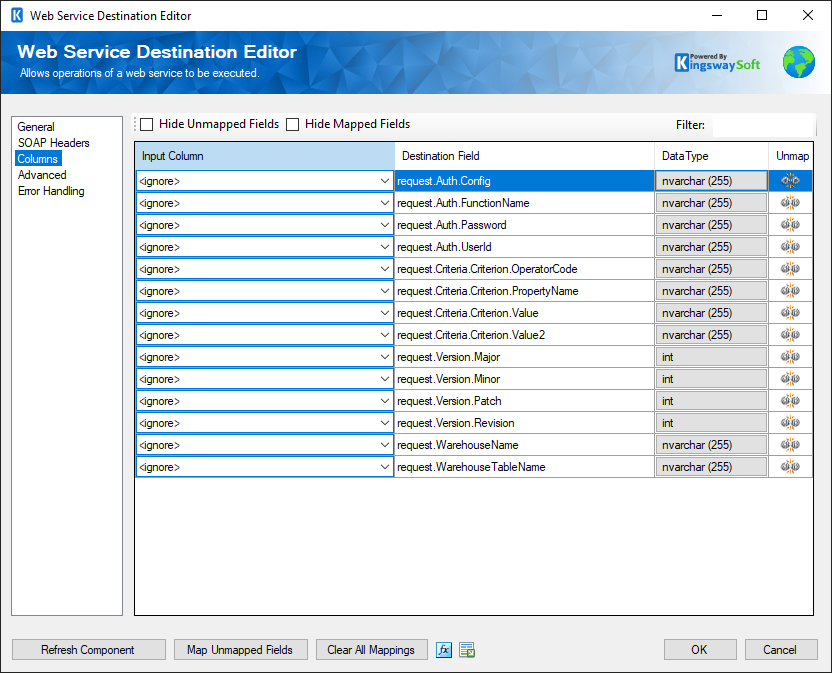 SSIS Web Service Destination - Columns Page